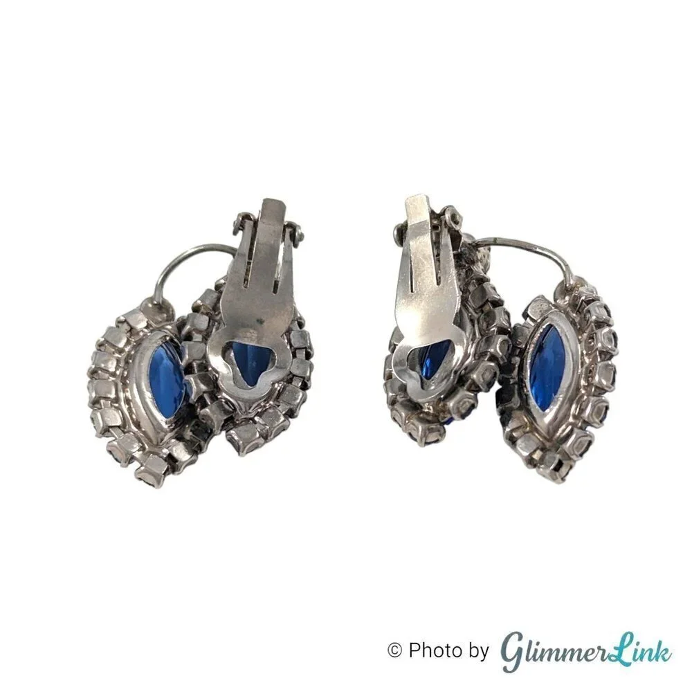 VTG Aurora Borealis Blue Rhinestone Ear Climber Silver Tone Clip On Earrings